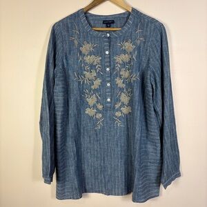 J. Jill Indigo Chambray Blue Floral Embroidered Tunic Blouse Boho Western